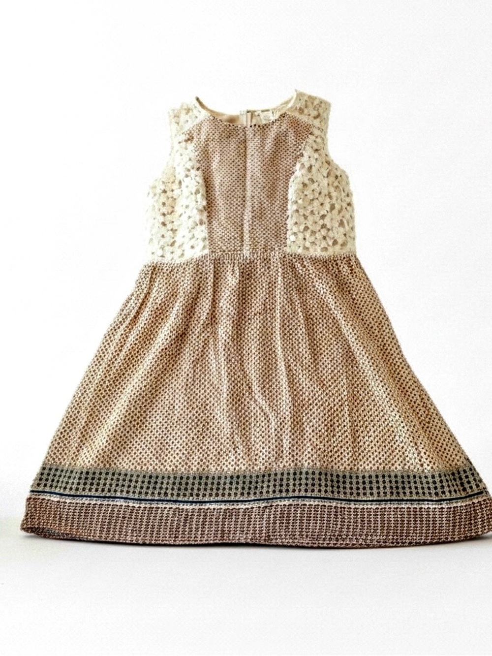 Esley Red, White, Blue Patterned A-Line Mini Dress Lace Eyelet Bodice, Size L